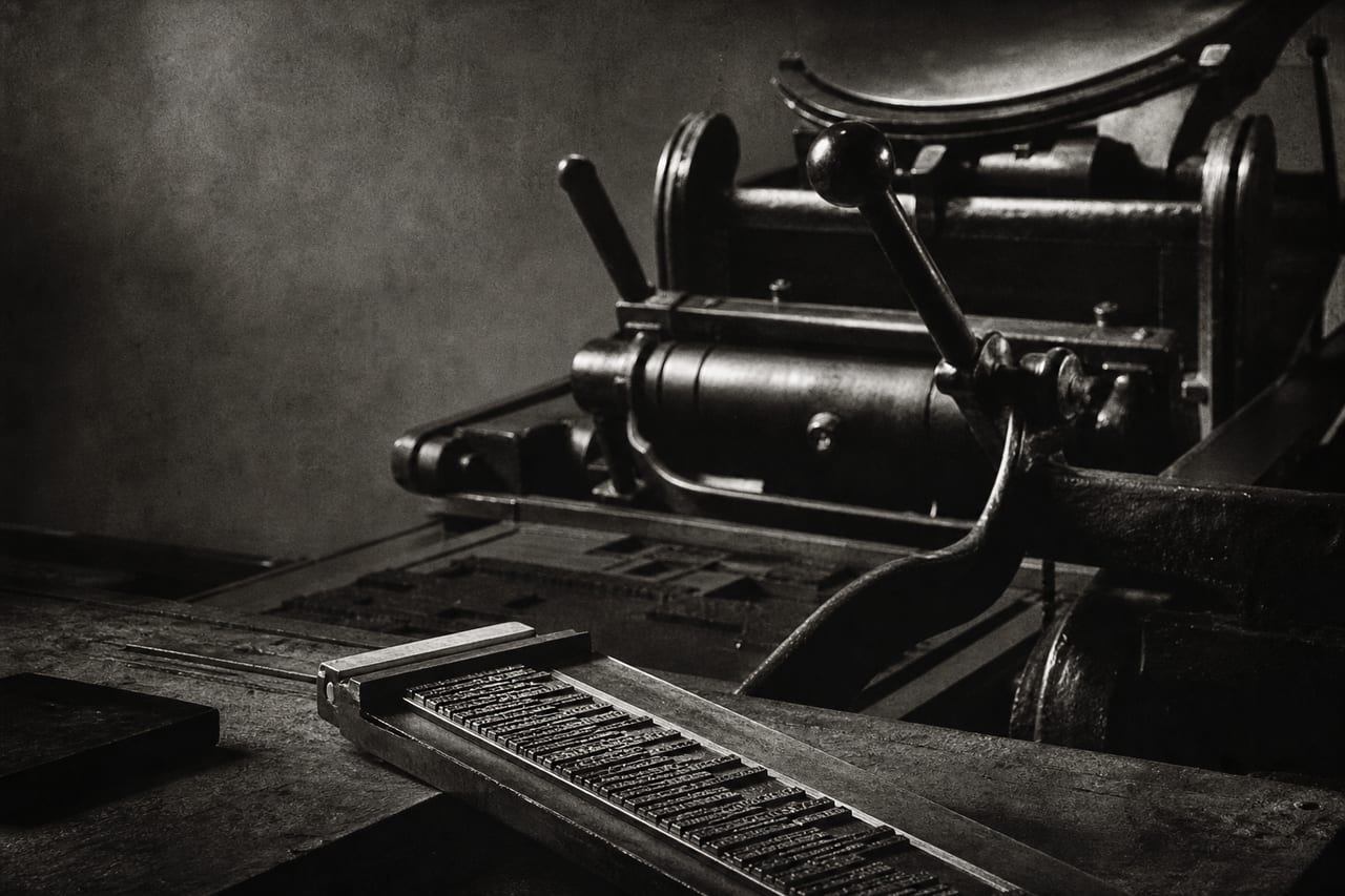 Une vieille presse typographique et un composteur de caractères en plomb dans un atelier d'imprimerie.