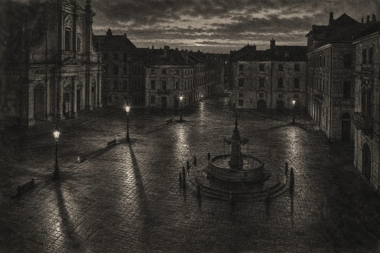 Une place publique européenne déserte au crépuscule, longues ombres sur les pavés.